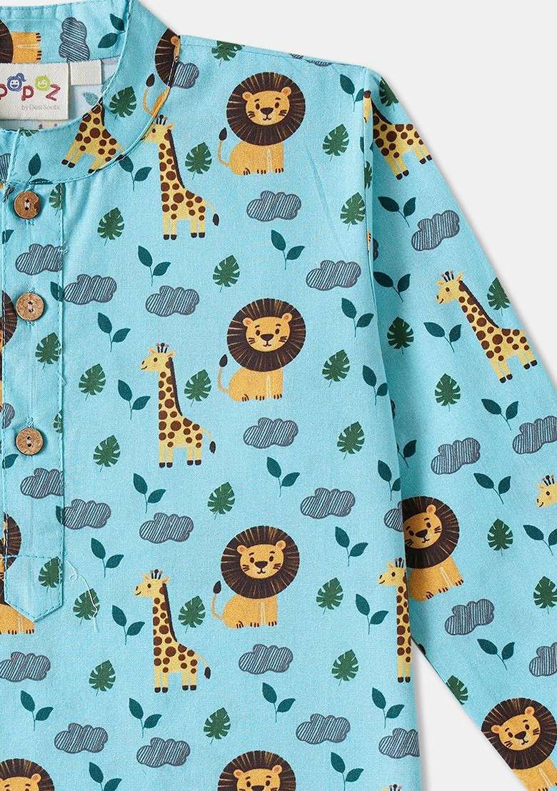 Blue Printed Cotton Kurta Set For Boys - Indya