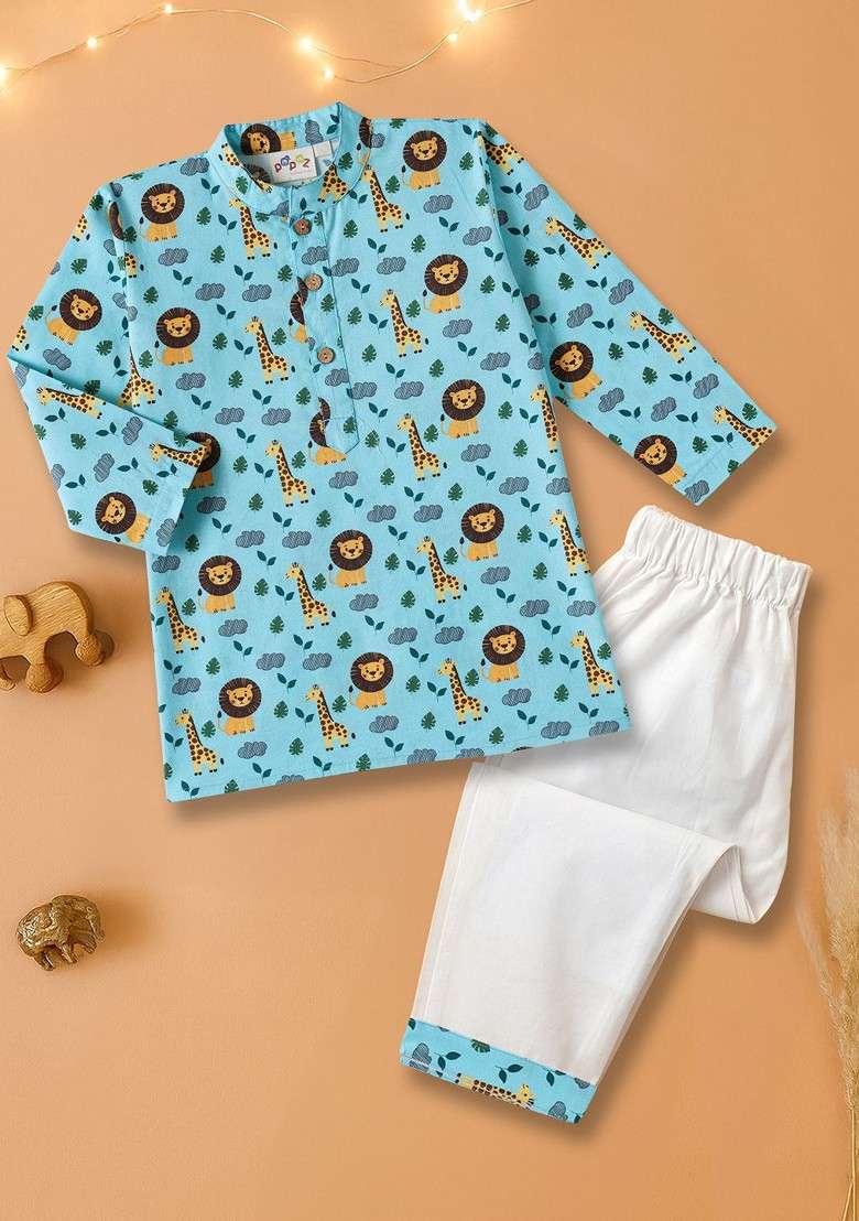 Blue Printed Cotton Kurta Set For Boys - Indya