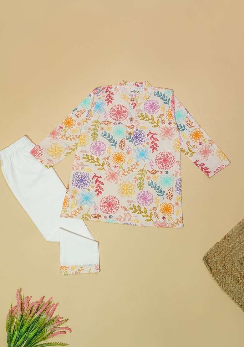 White Printed Cotton Kurta Set For Boys - Indya