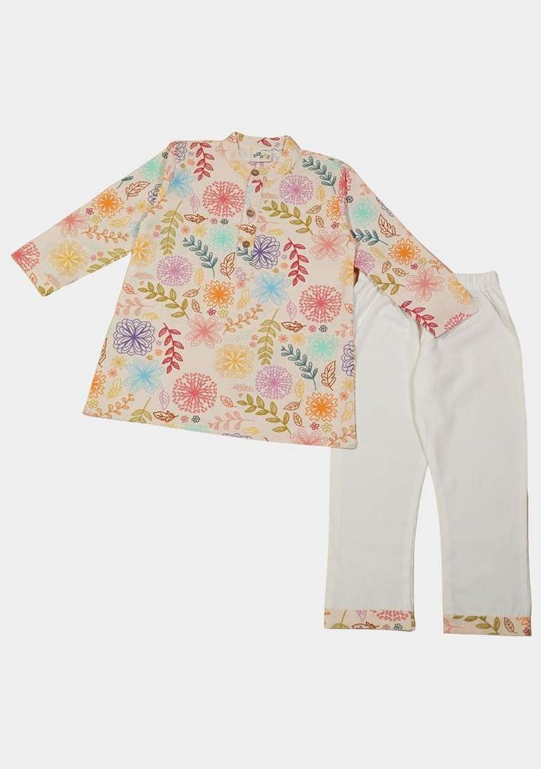 White Printed Cotton Kurta Set For Boys - Indya
