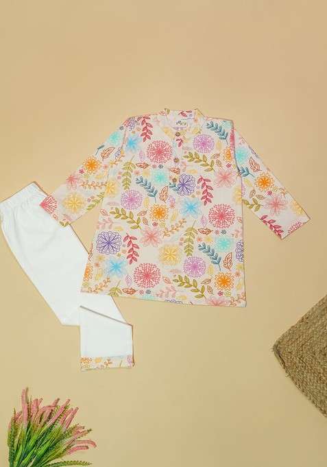 White Printed Cotton Kurta Set For Boys