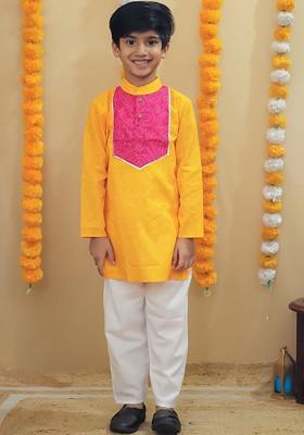 Yellow Printed Cotton Kurta Set For Boys