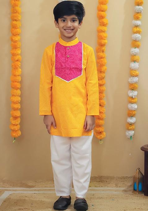 Yellow Printed Cotton Kurta Set For Boys