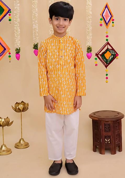 Yellow Printed Cotton Kurta Set For Boys