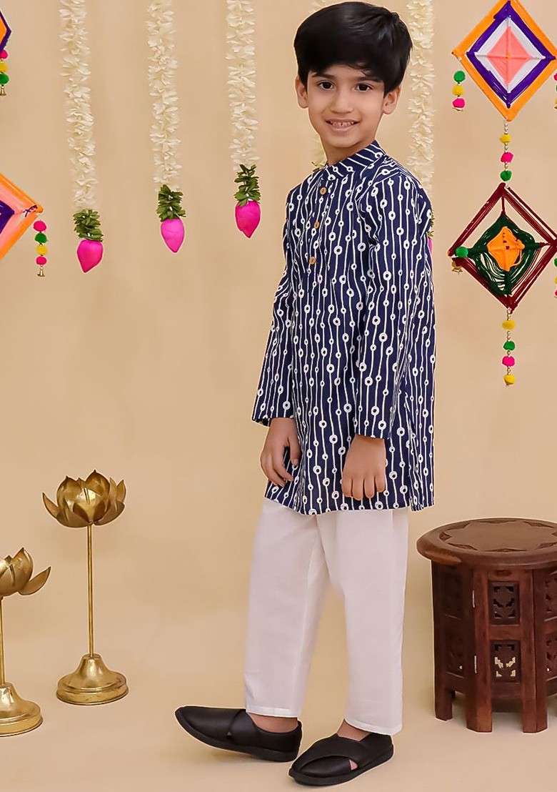 Blue Printed Cotton Kurta Set For Boys - Indya