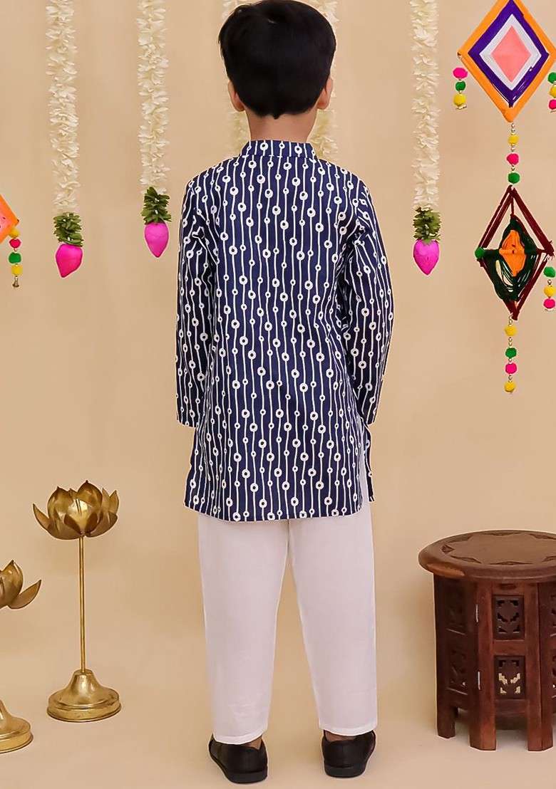 Blue Printed Cotton Kurta Set For Boys - Indya