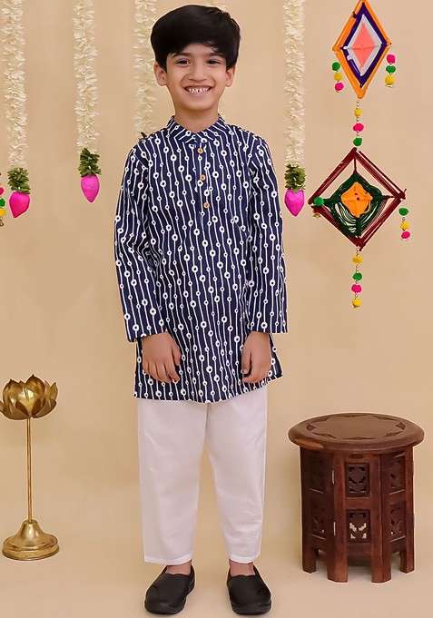 Blue Printed Cotton Kurta Set For Boys