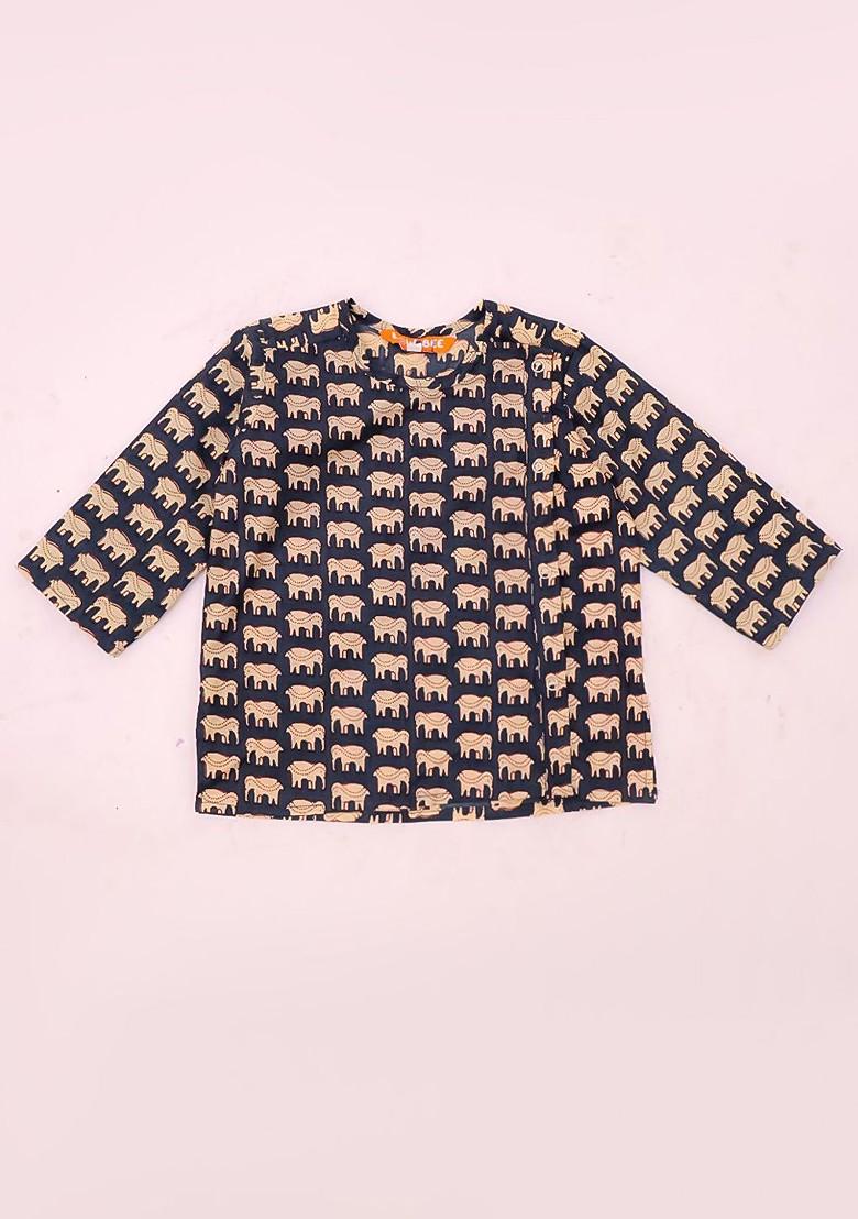 Navy Blue Printed Cotton Kurta Dhoti Set For Boys - Indya