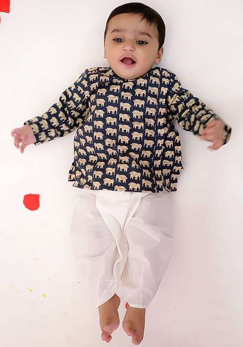Navy Blue Printed Cotton Kurta Dhoti Set For Boys