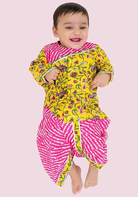 Yellow Printed Cotton Kurta Dhoti Set For Boys — view on Indya