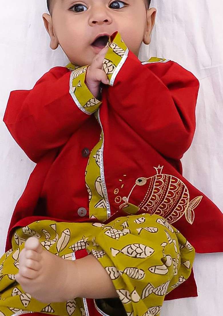 Maroon Embroidered Cotton Kurta Dhoti Set For Boys - Indya