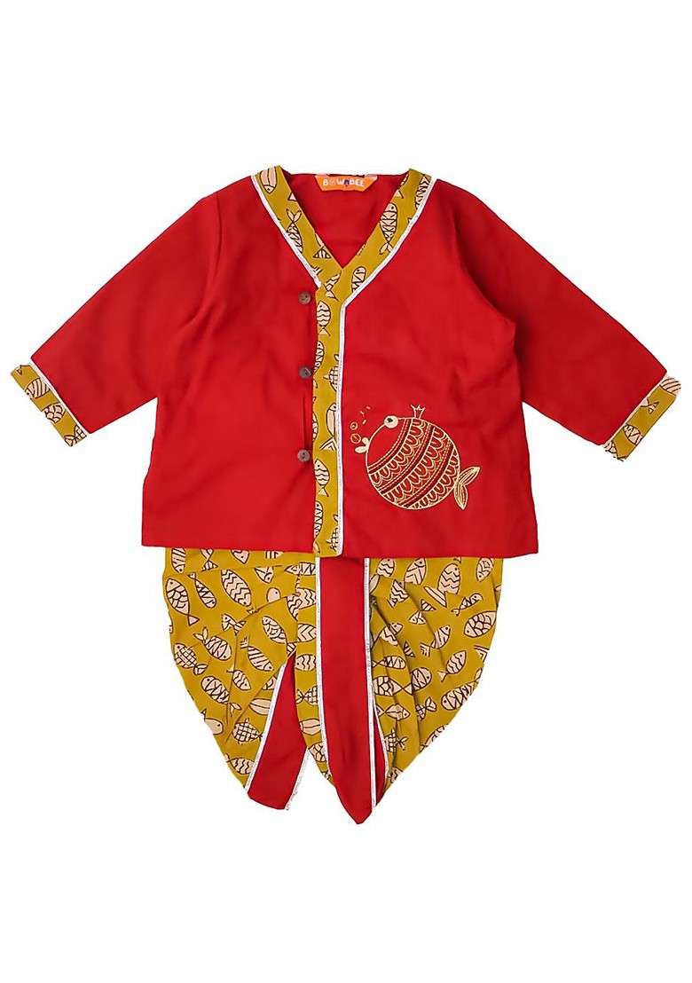 Maroon Embroidered Cotton Kurta Dhoti Set For Boys - Indya