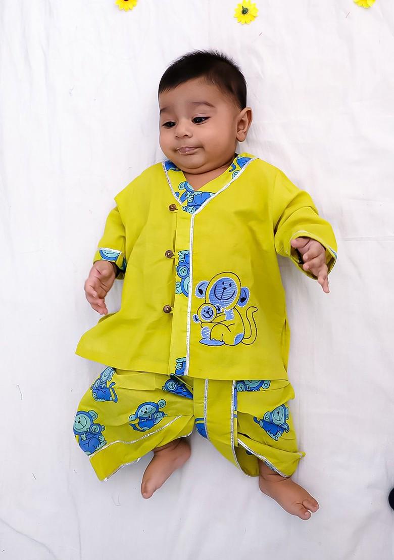 Yellow Embroidered Cotton Kurta Dhoti Set For Boys - Indya