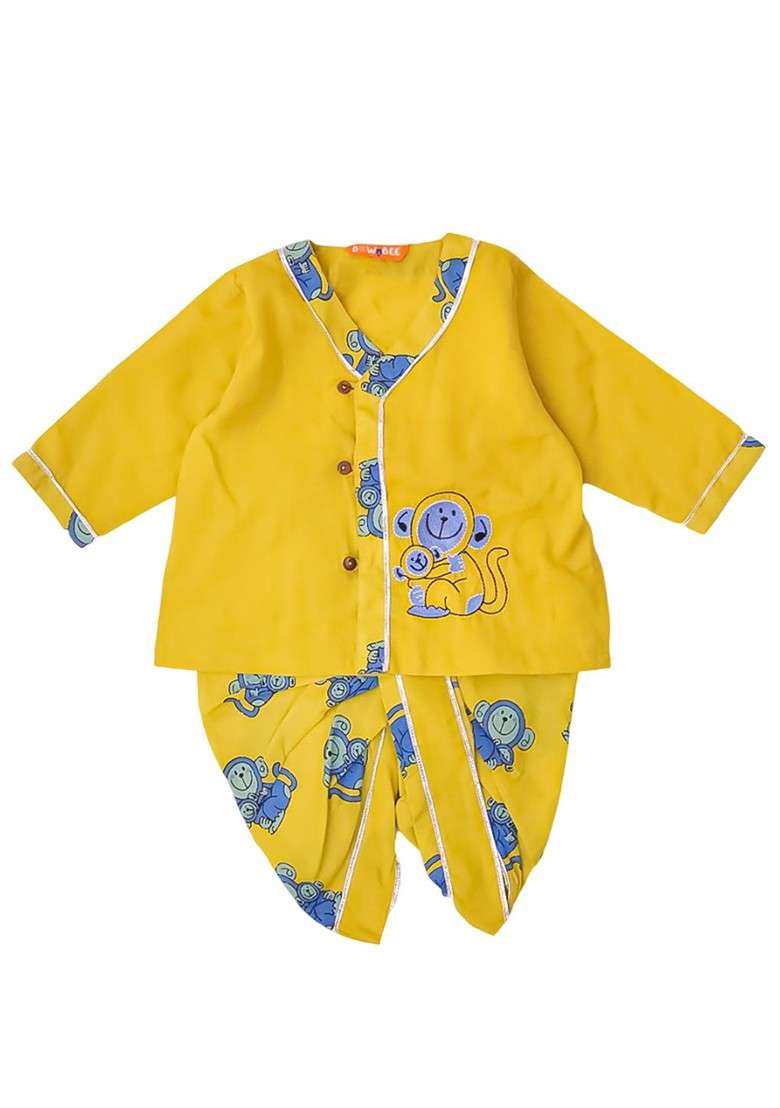 Yellow Embroidered Cotton Kurta Dhoti Set For Boys - Indya
