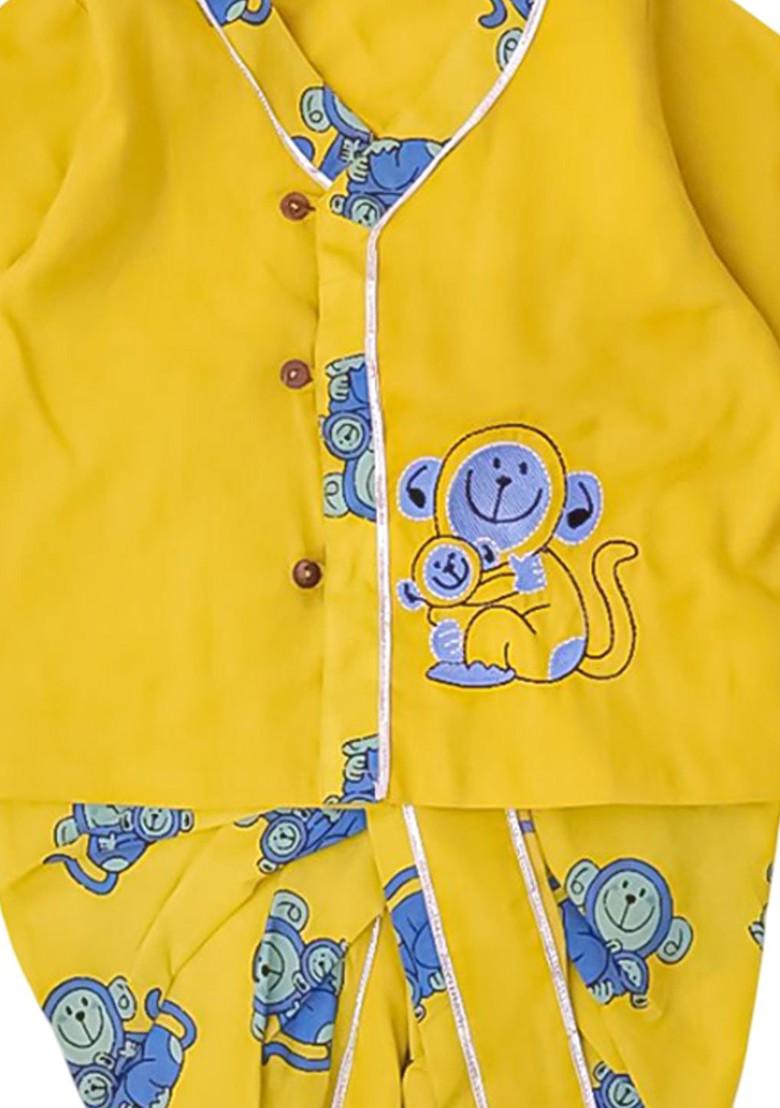 Yellow Embroidered Cotton Kurta Dhoti Set For Boys - Indya