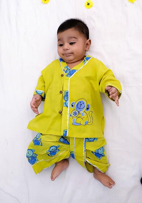 Yellow Embroidered Cotton Kurta Dhoti Set For Boys