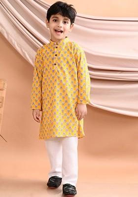 Yellow Printed Cotton Kurta Set For Boys