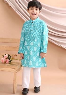 Blue Printed Cotton Kurta Set For Boys