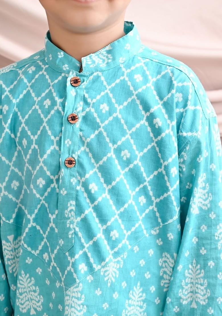 Blue Printed Cotton Kurta Set For Boys - Indya