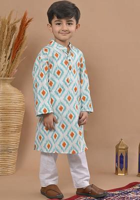 Blue Printed Cotton Kurta Set For Boys