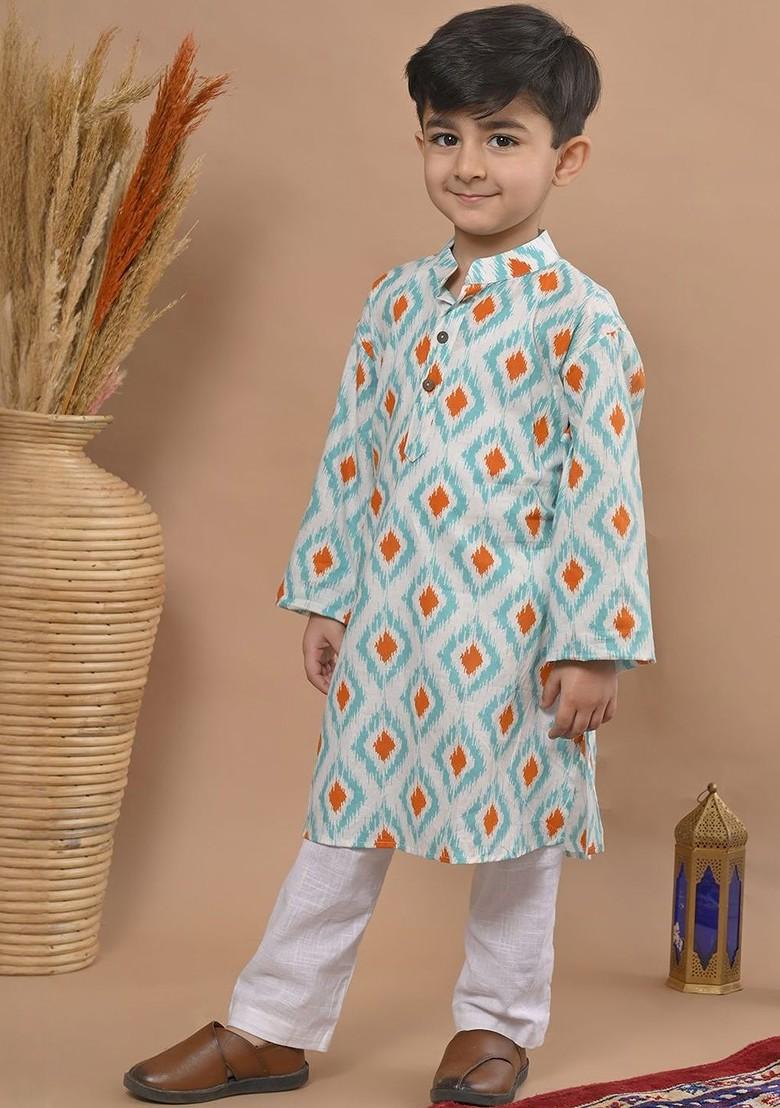 Blue Printed Cotton Kurta Set For Boys - Indya