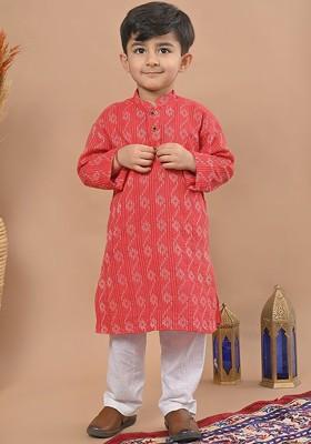 Red Printed Cotton Kurta Set For Boys