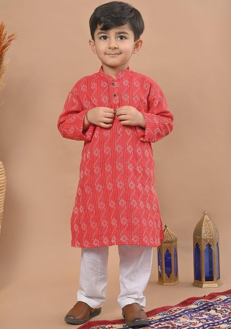 Red Printed Cotton Kurta Set For Boys - Indya