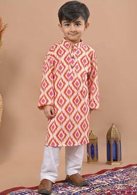 Red Printed Cotton Kurta Set For Boys