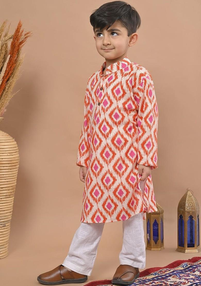 Red Printed Cotton Kurta Set For Boys - Indya