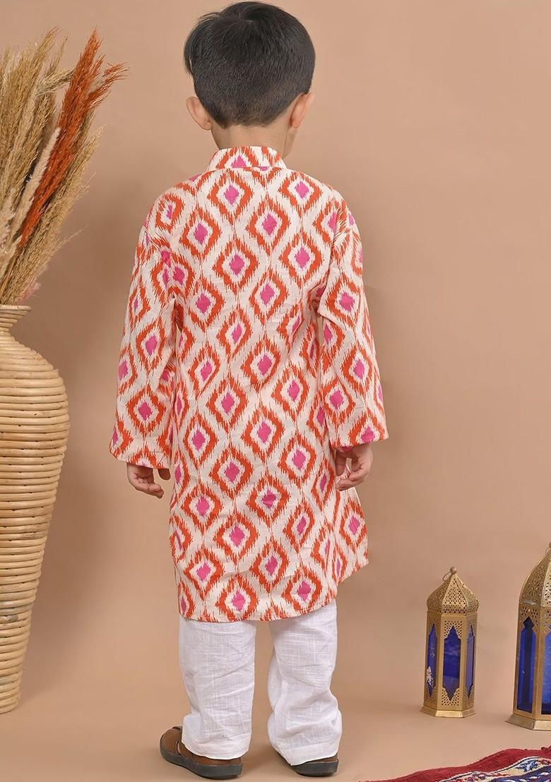 Red Printed Cotton Kurta Set For Boys - Indya