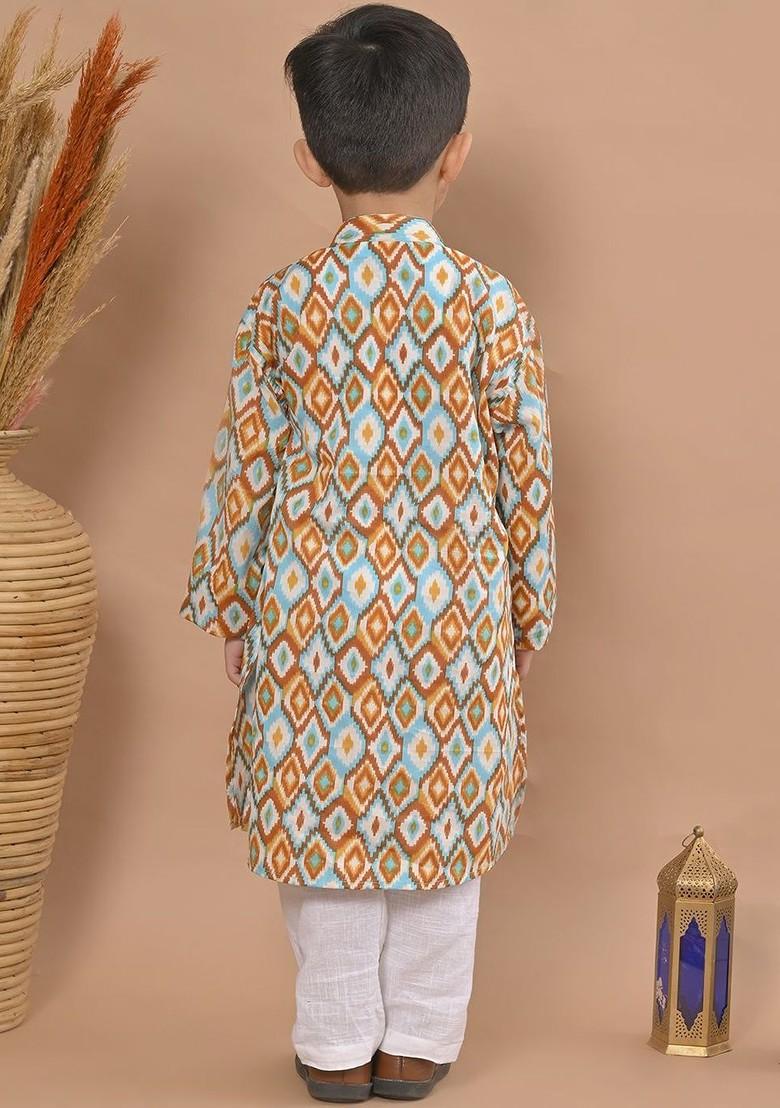 Brown Printed Cotton Kurta Set For Boys - Indya