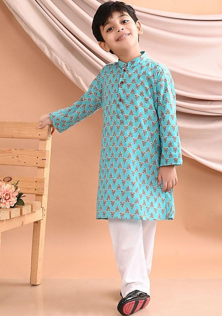 Blue Printed Cotton Kurta Set For Boys - Indya