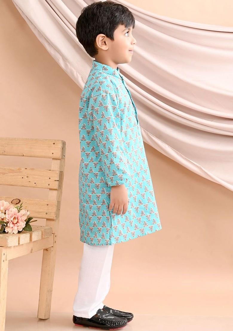 Blue Printed Cotton Kurta Set For Boys - Indya
