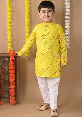Yellow Printed Cotton Kurta Set For Boys
