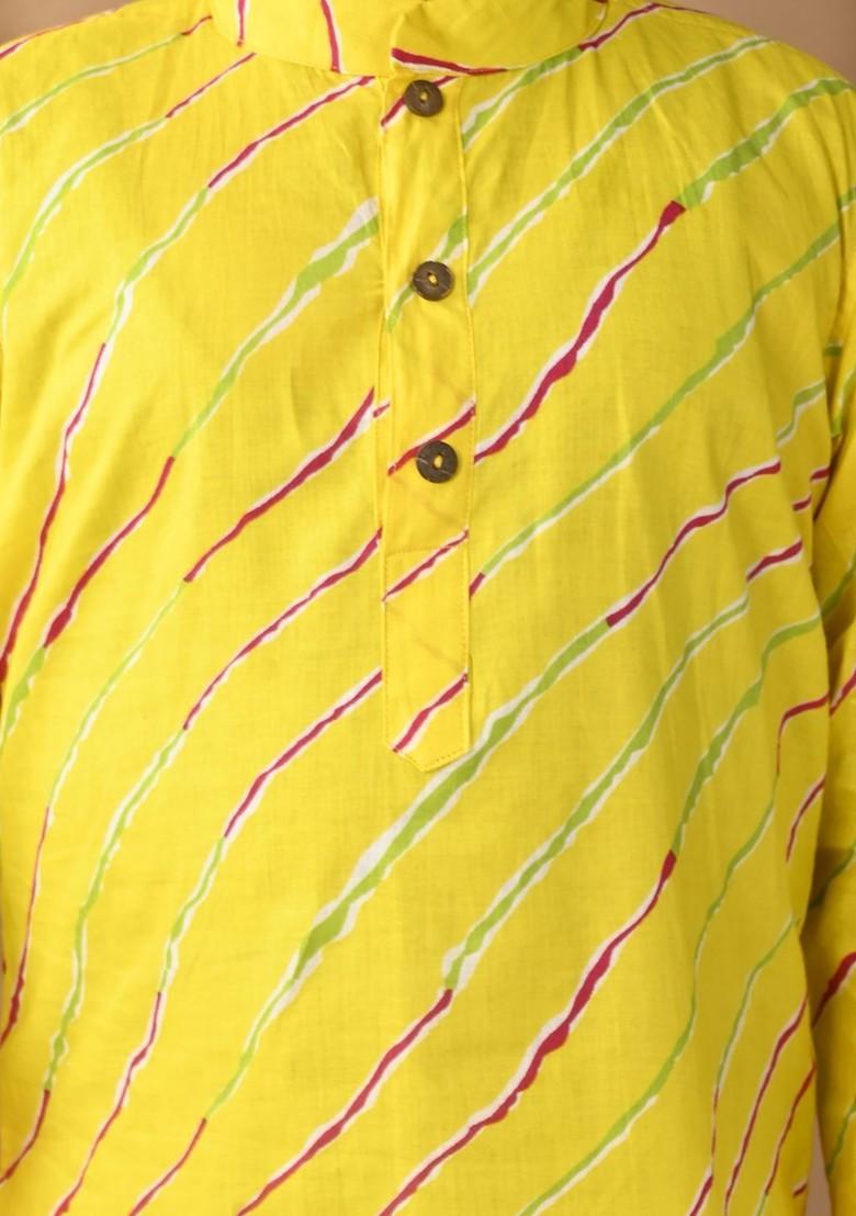 Yellow Printed Cotton Kurta Set For Boys - Indya