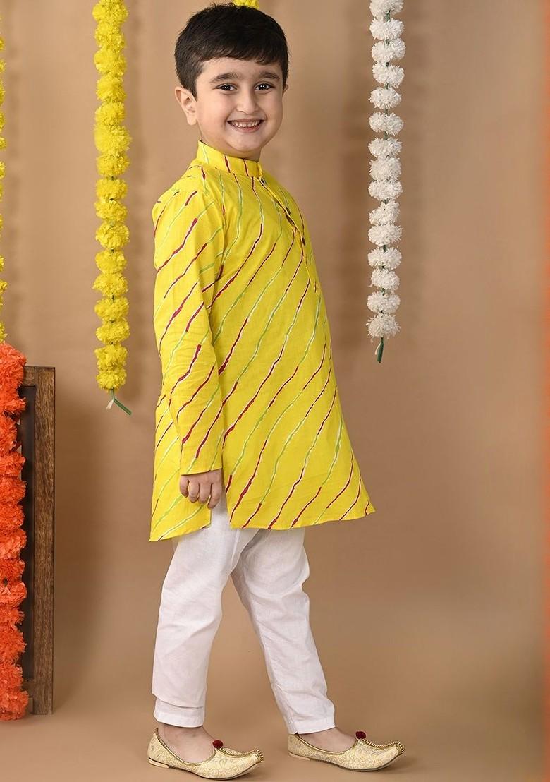 Yellow Printed Cotton Kurta Set For Boys - Indya