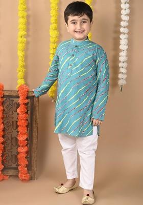 Blue Printed Cotton Kurta Set For Boys