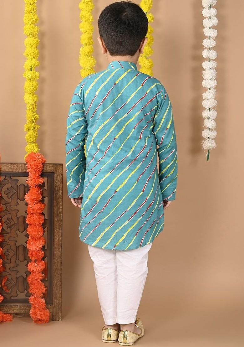 Blue Printed Cotton Kurta Set For Boys - Indya