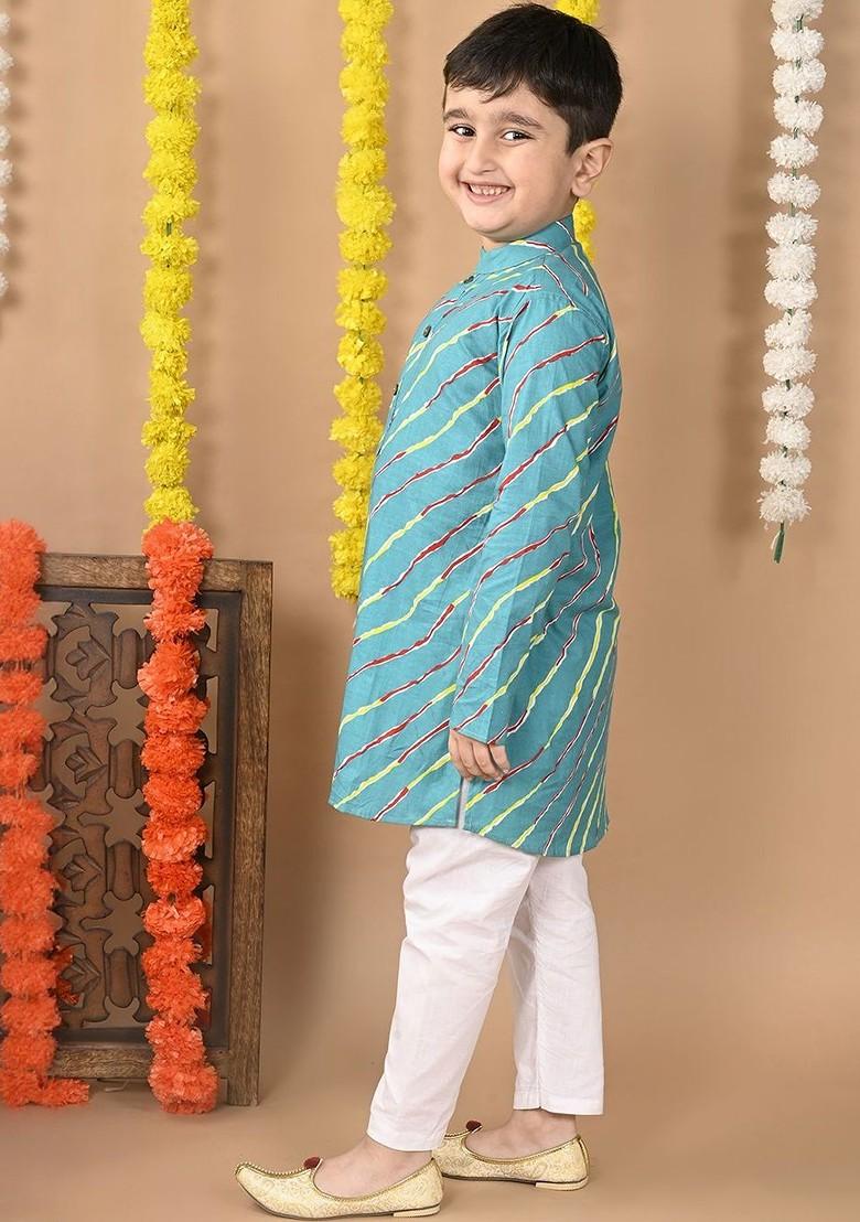 Blue Printed Cotton Kurta Set For Boys - Indya