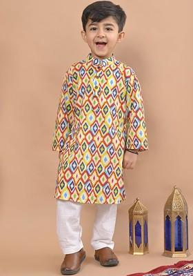 Yellow Printed Cotton Kurta Set For Boys