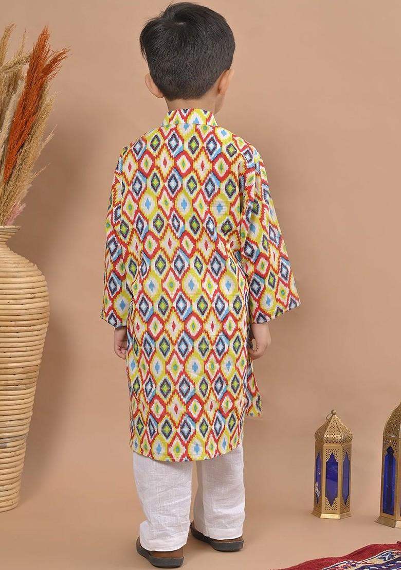 Yellow Printed Cotton Kurta Set For Boys - Indya