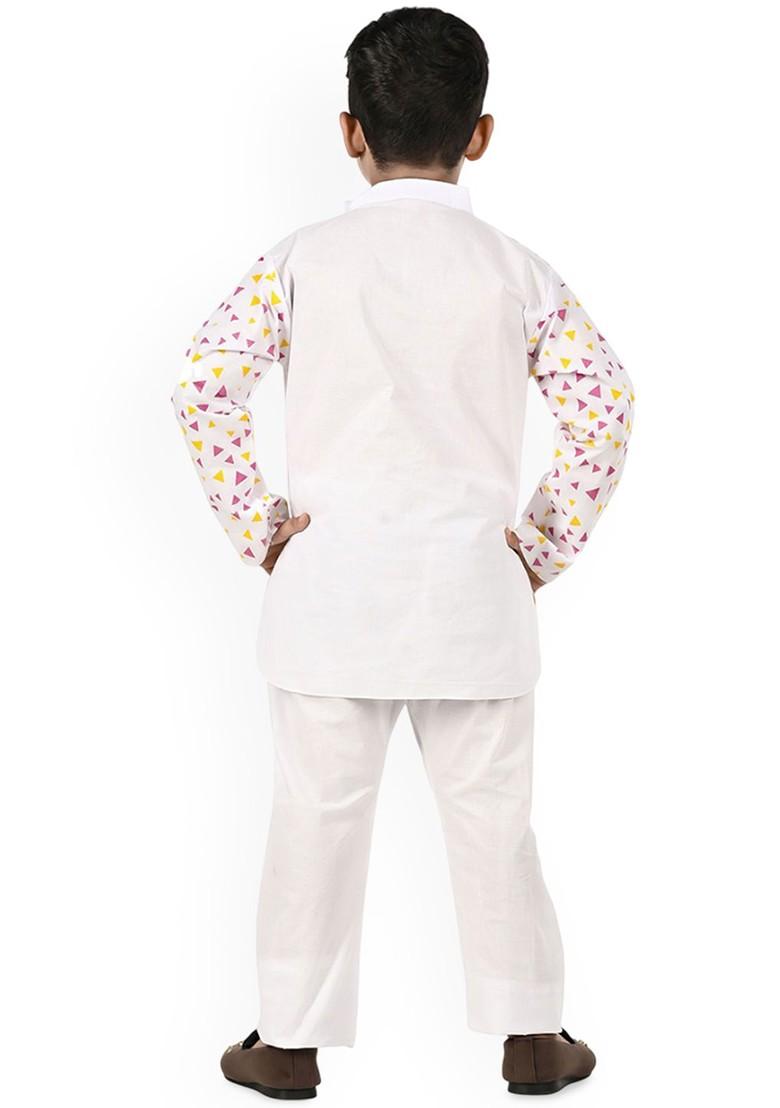 White Printed Blended Kurta Set For Boys - Indya