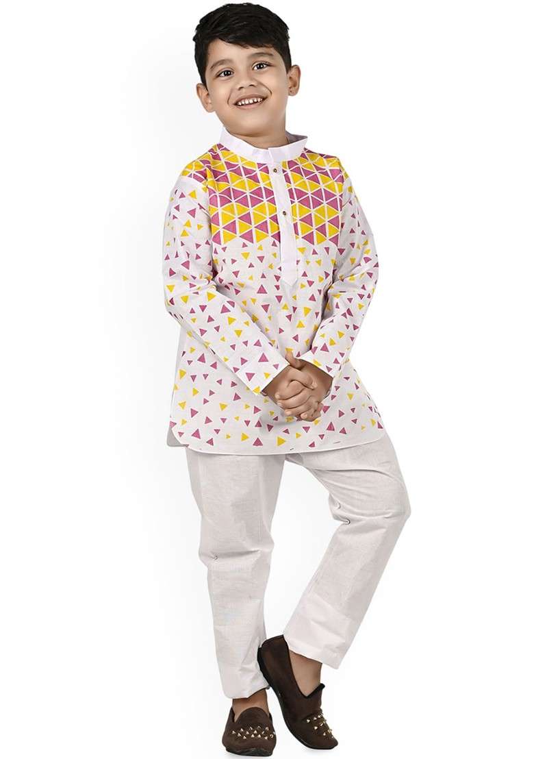 White Printed Blended Kurta Set For Boys - Indya