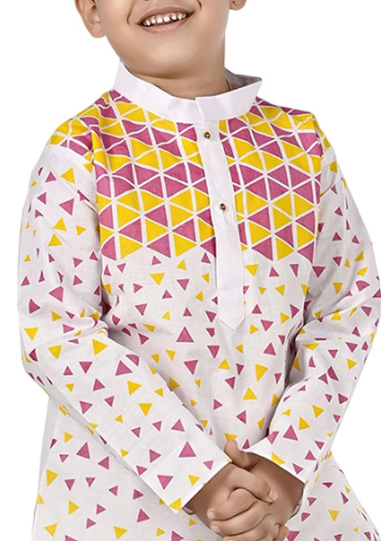 White Printed Blended Kurta Set For Boys - Indya