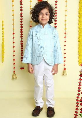 Blue Embroidered Cotton Kurta Set For Boys