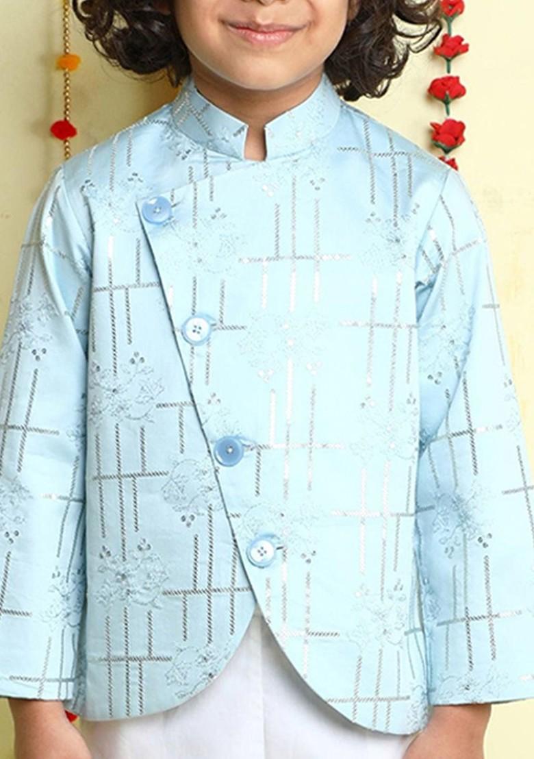Blue Embroidered Cotton Kurta Set For Boys - Indya
