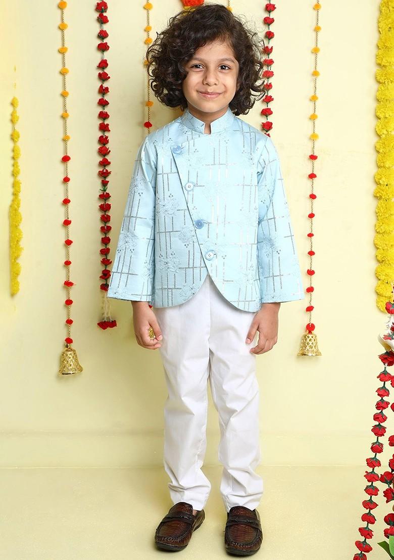 Blue Embroidered Cotton Kurta Set For Boys - Indya