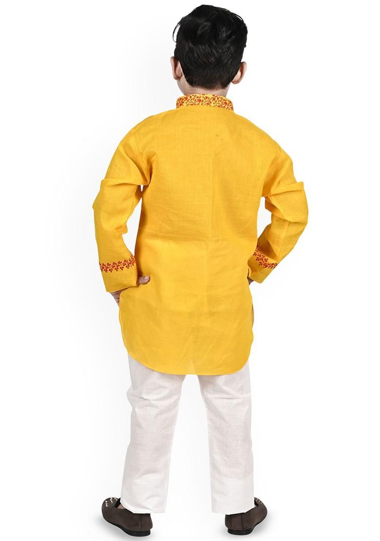 Yellow Embroidered Blended Kurta Set For Boys - Indya