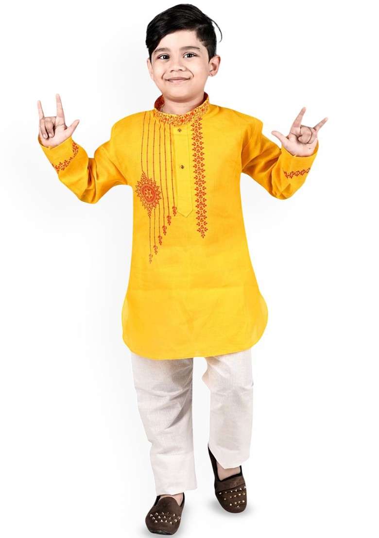 Yellow Embroidered Blended Kurta Set For Boys - Indya