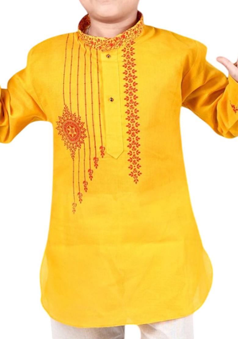 Yellow Embroidered Blended Kurta Set For Boys - Indya